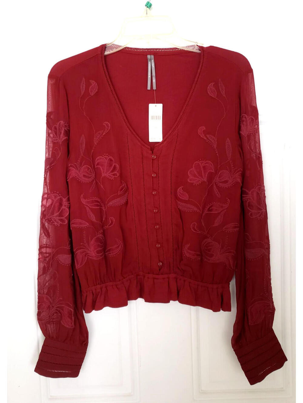 Anthropologie Embroidered Floral Buttondown Top Blouse Wine Sz XS NEW